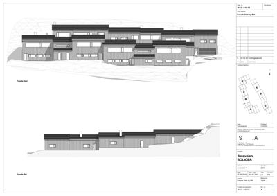 Fasadetegning som viser bygningens utseende fra vest og øst, inkludert takform, vinduer og fasadematerialer.