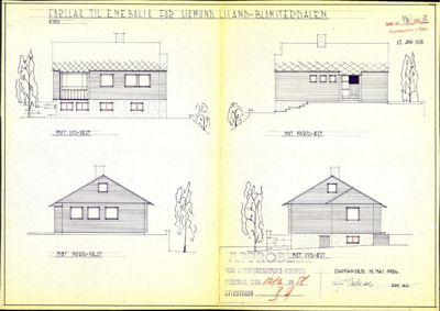 Fasadetegning som viser fire utsnitt av en enebolig (Sør-Vest, Nord-Øst, Nord-Vest, Sør-Øst) med skriftlige merknader om retninger og datoer.