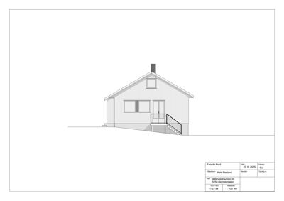 Fasadetegning av en bolig sett fra nord, med detaljer om vinduer, trapp og takform.