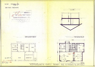 Bildet viser en tegning med etasjeplan, kjellerplan og snitt for en bygning. Det er også en signatur og et stempel.