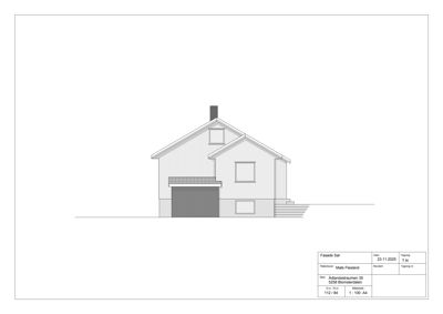 Fasadetegning som viser fronten på en bolig med garasje, vinduer og trapp.