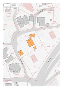 Situasjonsplan som viser eiendomsinndeling, bygningers plassering og tilgrensende veier.