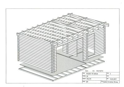 En 3D-visualisering (linjetegning) som viser en bygning med oppriss av vegger, takkonstruksjon og gulvplan.
