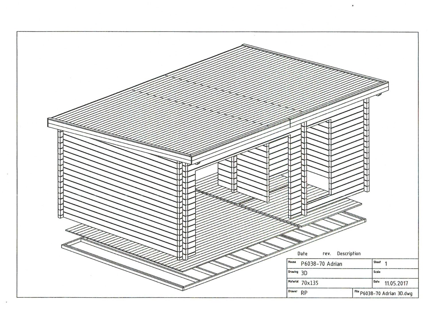 En 3D-visualisering (linjetegning) av en bygning sett fra en vinkel som viser både fasade og tak.