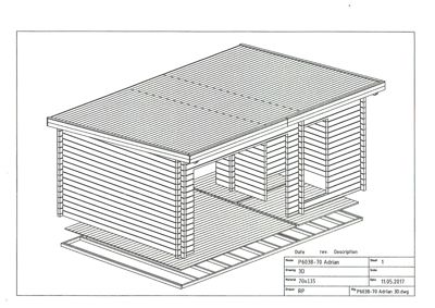 En 3D-visualisering (linjetegning) av en bygning sett fra en vinkel som viser både fasade og tak.