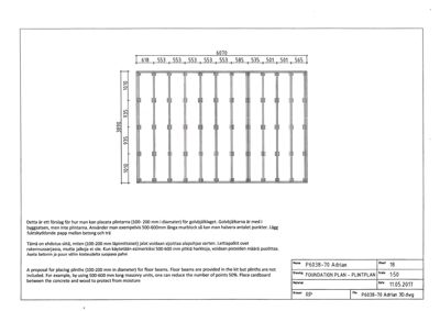 Tegning som viser detaljert plassering av støtter (plintar) for et gulvbjelkelag, med dimensjoner og instruksjoner.