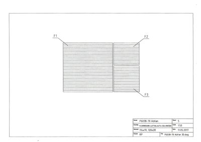 Tegning som viser detaljert oppsett av gulvkonstruksjon (latticeboard og golvbræde) med angitte dimensjoner og materiale.