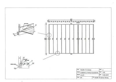 En teknisk detaljtegning som viser hvordan et gulvbjelkelag (lattice floor) skal monteres, med oppgitt dimensjoner og festemidler.