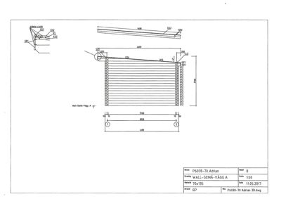 Tegning som viser detaljert oppriss av en veggkonstruksjon (WALL-SEINÅ-VÄGG A) med mål og konstruksjonsdetaljer.