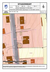 Situasjonskart som viser eiendomsgrenser, bygninger, veier og topografi for Dalsjordevegen 153 i Gjøvik.