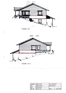 Tegning som viser fasadeopprikk for bygningen sett fra sør og nord.
