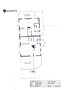 Etasjeplan (1. etg) med romfordeling, arealoppisning (12.17 m² og 18.21 m²) og tegningstittel 'NYE TERRASSER'.