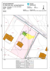 Situasjonskart som viser tomtens grenser, nabotomter, eksisterende og planlagt bebyggelse samt vernetilstander.