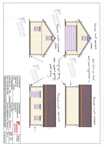 Fasadetegning som viser oppriss av en garasje sett fra fire ulike vinkler (front, side og to perspektiver). Tegningen inneholder også håndskrevne notater om fargevalg.
