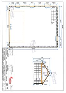 Etasjeplan (1. etasje) med romfordeling, dimensjoner og konstruksjonsdetaljer for en garasje.