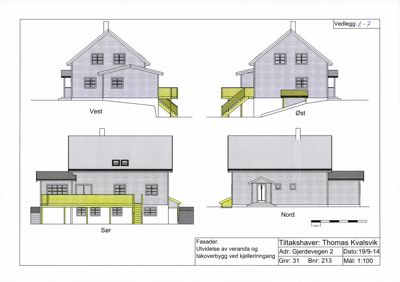 Fasadetegning som viser bygningens utseende fra fire sider (Vest, Øst, Sør, Nord) med en utvidelse av veranda og takoverbygg.