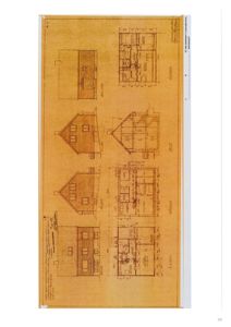 Bildet viser en tegning med fasadeopprikk (framside og bakside) og snitt gjennom et hus.