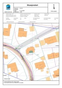 Situasjonskart som viser eiendomsnummer, adresse, dato, målestokk, nabolag, vei og topografi.