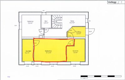 Etasjeplan eller kjellerplan som viser romfordeling, arealer og veggelementer i en bygning.