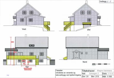 Fasadetegning som viser bygningens utsyn fra fire sider (Vest, Øst, Sør og Nord) med mål og detaljer.