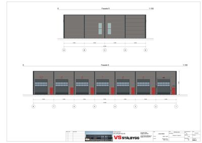 Bildet viser to fasadetegninger (Fasade B og Fasade E) av en bygning med flere garasjeporter.