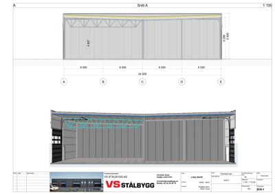 Snittegning (Snitt A) av en bygning, som viser både et teknisk snitt med mål og en 3D-visualisering av fasaden sett fra snittlinjen.