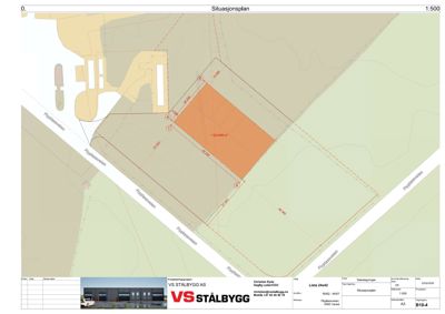 Situasjonsplan som viser tomtens grenser, areal og plassering i forhold til veier.