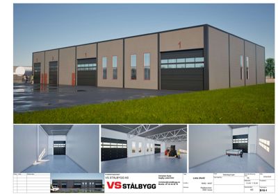 Bildet viser en 3D-visualisering av et planlagt industribygg med flere inngangsdører, samt innendørs bilder av hallen.