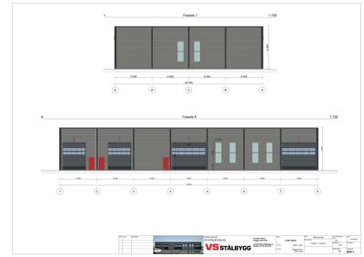 Bildet viser to fasadetegninger (Fasade 1 og Fasade A) av en bygning, sannsynligvis en garasje eller lagerbygning, med mål og romnummer.