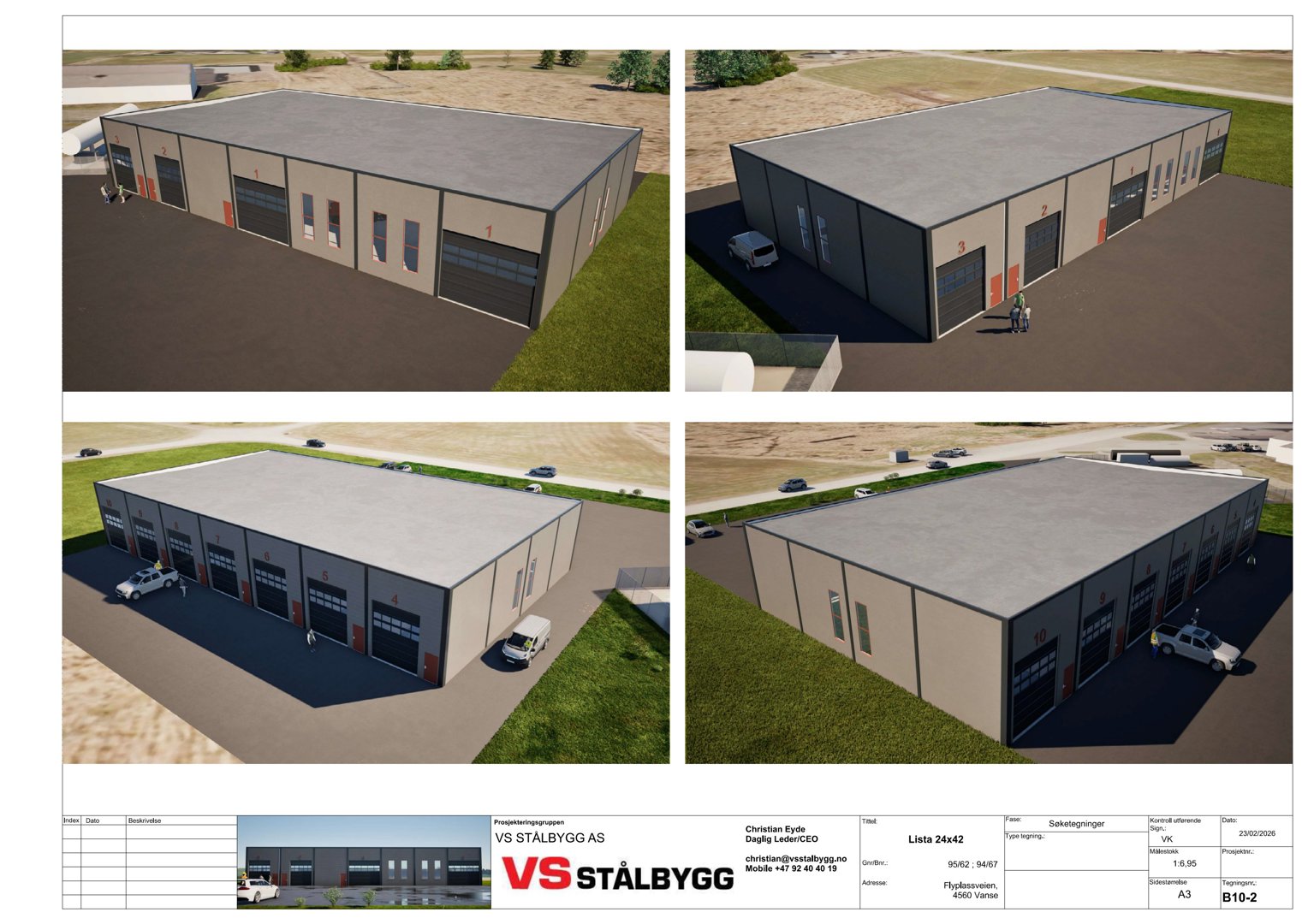 Bildet viser fire 3D-visualiseringer av et planlagt industribygg eller lagerhall fra ulike vinkler.
