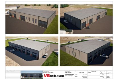 Bildet viser fire 3D-visualiseringer av et planlagt industribygg eller lagerhall, sett fra ulike vinkler.