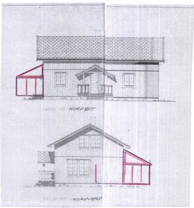 Tegning som viser fasader mot nordøst og nordvest for en bygning, med håndtegnede røde innslag som antyder endringer eller nye konstruksjoner.