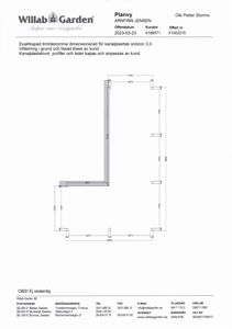 En teknisk tegning som viser eksaktkapad dimensjonering for kanalplasttak snøzon 3,0, med mål og detaljer for innfesting i grunn og fasad.