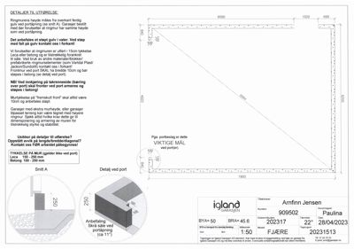 Tegning som viser detaljer for utførelse av ringmur, inkludert mål, tykkelse på mur og anbefalinger for portåpning.
