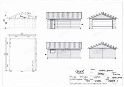 Fasadetegning som viser oppriss av en garasje sett fra fire ulike vinkler (front, side, og to perspektiver).