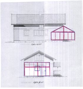 Tegning som viser fasadeoppsett for en bygning sett fra to ulike retninger (sørvest og sørøst).