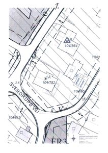 Situasjonsplan som viser tomtegrenser, eiendomsnummer (f.eks. 104/864), veinavn (Sverdrups vei) og bygningsplassering.