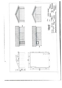 Fasadetegning som viser oppriss av en bygning sett fra flere vinkler (front, side og snitt).