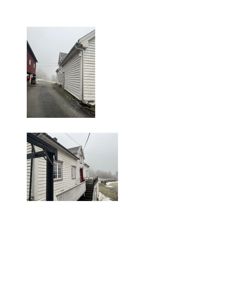 Fotografier av en hvit trehusbygning med hvite lister, sett fra siden og forfra i et tåkeaktig miljø.