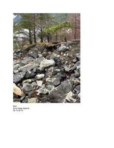 Fotografi av en steinete bakke eller skråning med trær i bakgrunnen.