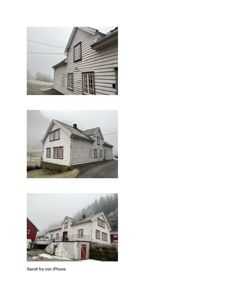 Fotografier av en hvit, trepanelert bygning sett fra ulike vinkler. Bildene viser fasaden og omgivelsene.