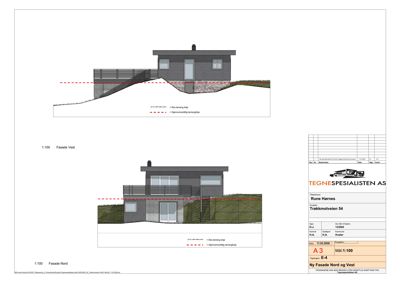 Fasadetegning som viser bygningens utseende fra nord og vest, inkludert terrassering og terrengforhold.