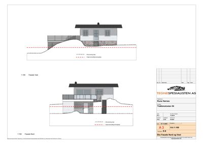 Tegning som viser fasadeopprikk (Nord og Vest) for en bygning, inkludert detaljer om grunnmur, vinduer og tak.