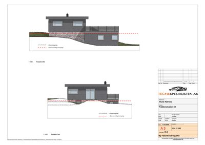 Fasadetegning som viser bygningens utseende og konstruksjon sett fra øst og sør.