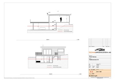 Tegning som viser tverrsnitt gjennom en bygning (Snitt A og B), inkludert høyder, grunnplan og fasadeelementer sett i snitt.
