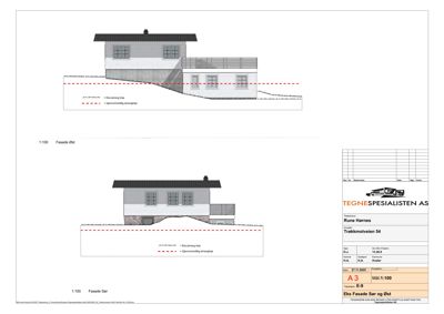 Fasadeopprikk for en bygning med to utsnitt (Sør og Øst), inkludert mål, skala og terrenglinjer.