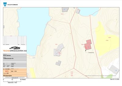 Situasjonsplan som viser tomtens beliggenhet i forhold til omgivelsene, høydeforhold (konturlinjer), eksisterende og planlagt bebyggelse samt kommunegrenser.