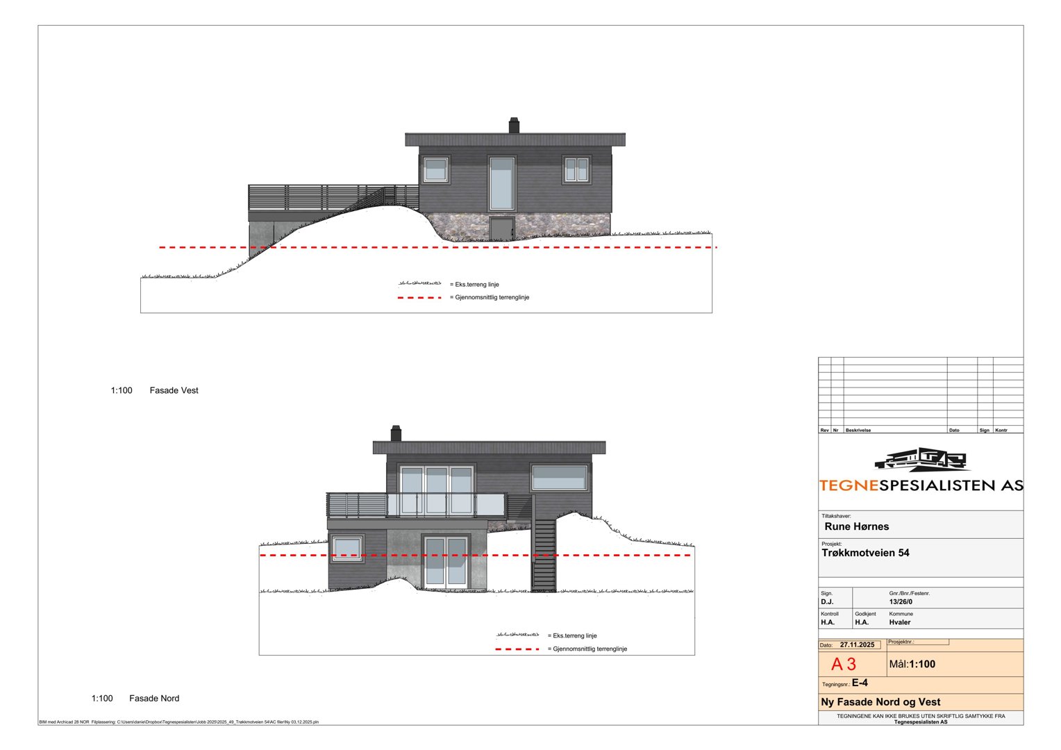 Fasadetegning som viser bygningens utseende fra nord og vest, inkludert detaljer om materialer, vinduer og terrassering.