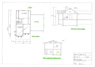 Bildet viser en tegning med etasjeplan (PLAN HØYRE) og et snitt (SNITT Q SAMMEL DEL) av en bygning.