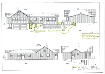 Fasadetegning som viser bygningens utsyn fra fire sider (vest, øst, nord, sør) med detaljer om vinduer, tak og fasadepanel.
